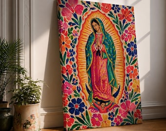 Our Lady of Guadalupe Wall Art Floral Folk Canvas Virgencita Mexican Catholic Home Decor