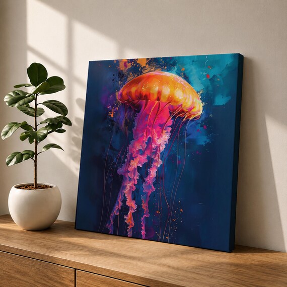 Jellyfish Wall Art Sea Nettle Framed Canvas Marine Life Abstract Ocean Coastal Home Decor