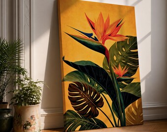 Bird of Paradise Wall Art Jungle Leaves Framed Canvas Strelitzia Tropical Botanical Home Decor