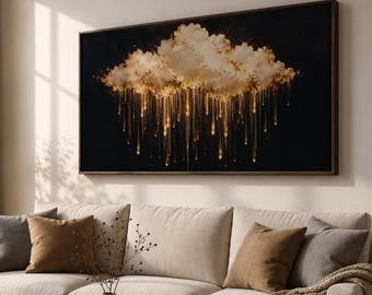 Panoramic Gold Rain Cloud Canvas Print, Abstract Sky Painting, Black Gold Luxury Wall Art