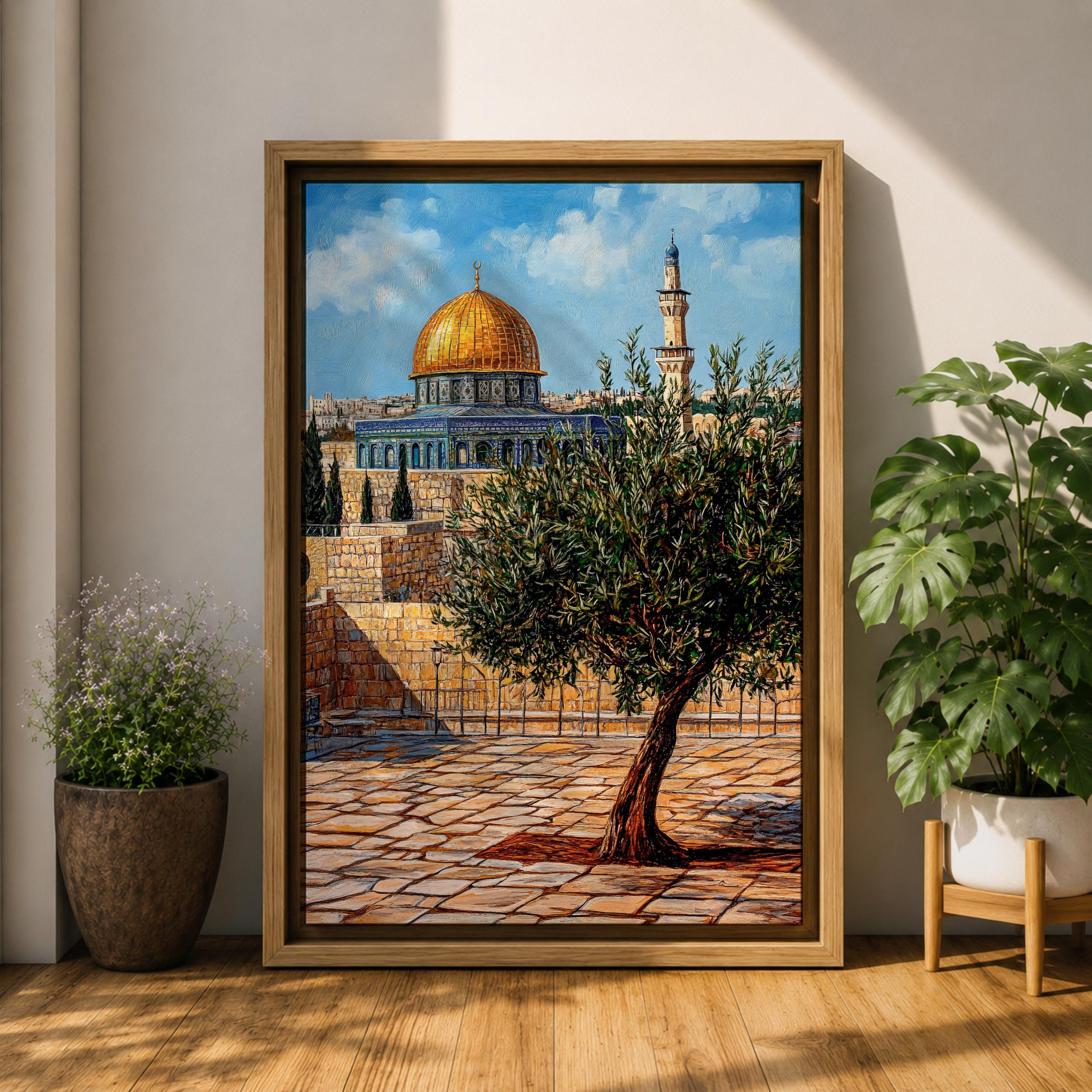 Masjid Al Aqsa Wall Art Olive Tree Framed Canvas Palestine Golden