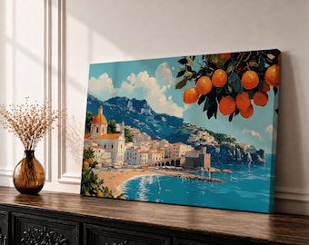 Amalfi Coast Wall Art Positano Italy Framed Canvas Mediterranean Seascape Living Room Decor