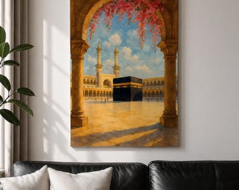 Quadro murale Kaaba con vista dell'arco floreale, tela incorniciata, Masjid Al Haram, acquerello, decorazione islamica
