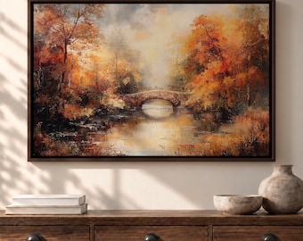 Cuadro de puente otoñal, pintura de paisaje otoñal, lienzo de bosque fluvial, decoración impresionista de la naturaleza.