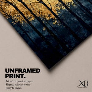 A framed vintage-style artwork depicting tall, bare trees in a forest with a textured golden background. The composition highlights the silhouette of woodland trees against a warm, aged backdrop, blending natural landscape elements with a nostalgic vintage aesthetic.