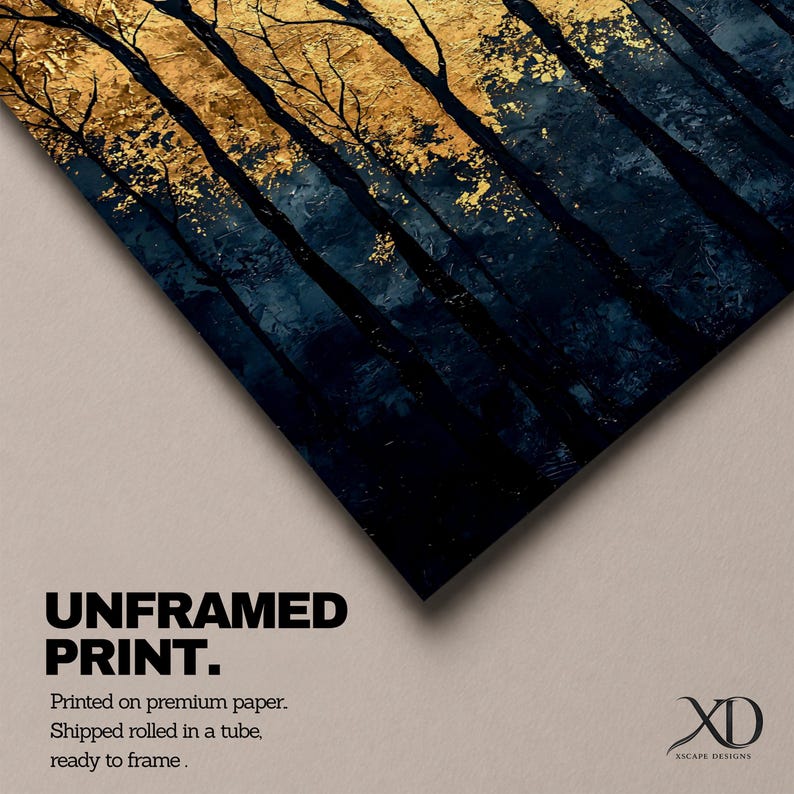 A framed vintage-style artwork depicting tall, bare trees in a forest with a textured golden background. The composition highlights the silhouette of woodland trees against a warm, aged backdrop, blending natural landscape elements with a nostalgic vintage aesthetic.