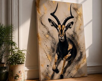 Gazelle Wall Art Running Antelope Framed Canvas Gold Accents Wildlife Decor