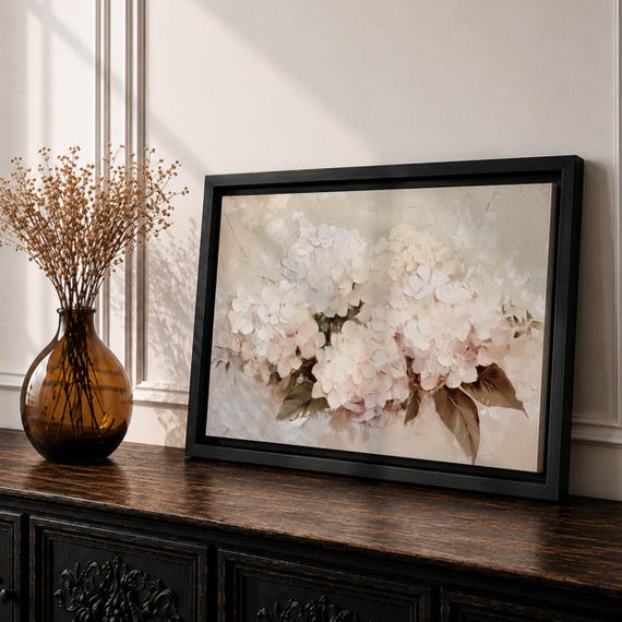 White Hydrangea Wall Art, Neutral Floral Canvas Print, Botanical Wall Decor, Elegant Flower Artwork