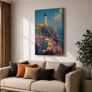 Lighthouse Wall Art, Coastal Wildflower Cliff Abstract Canvas Print, Living Room Decor image 8