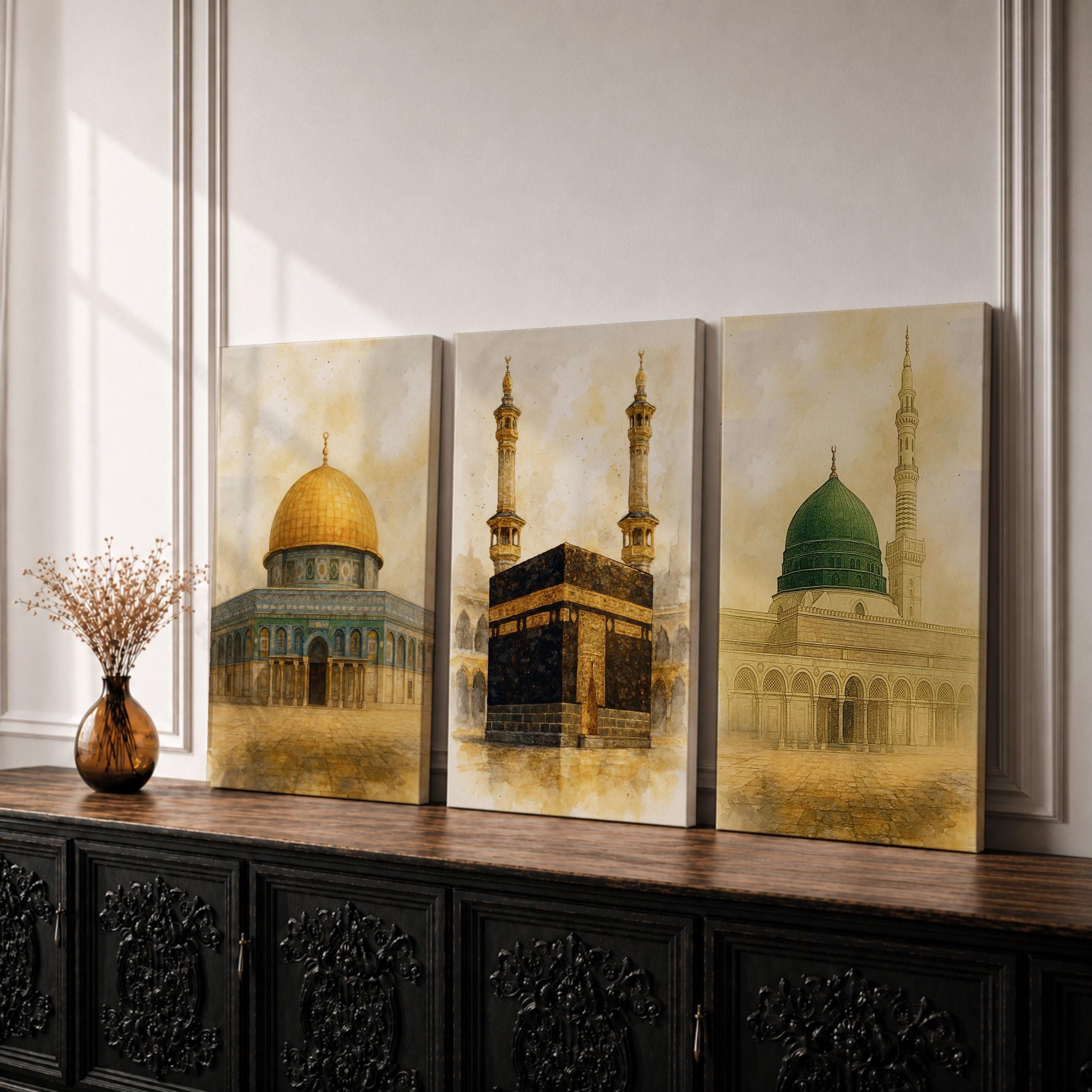 3 Holy Mosques Set of 3 Wall Art Triptych Sepia Islamic