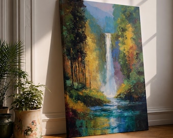 Waterfall Canvas Wall Art, Forest Landscape Painting, Colorful Nature Print, Mountain Waterfall Art, Woodland Wall Decor, Scenic Canvas