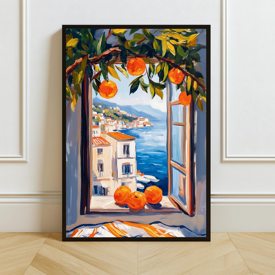Mediterranean Orange Tree Wall Art: Coastal Window View Decor (digital ...