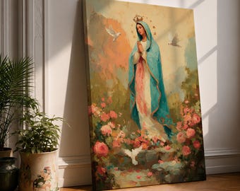 Virgin Mary Wall Art Rose Garden Framed Canvas Madonna Christian Religious Decor