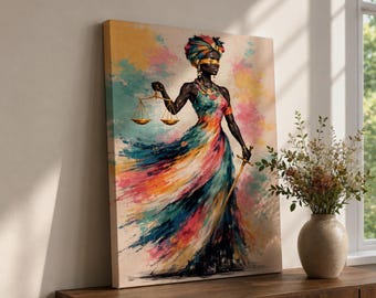 Black Lady Justice Wall Art Blindfolded Scales Afro Abstract Colorful Canvas Legal Office Decor
