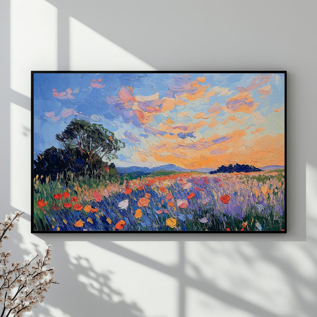 Sunset Floral Field Digital Art Print, Vibrant Wildflower Wall Decor ...