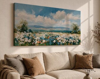 Wildflower Meadow Canvas Print, Panoramic Landscape Painting, Extra Wide Nature Wall Art, Cottage Decor