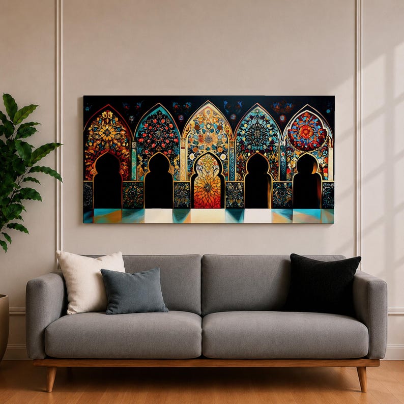 Moroccan Arch Panoramic Wall Art Arabesque Pattern Extra Wide Framed ...