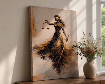 Lady Justice Wall Art Blindfolded Goddess Framed Canvas Abstract Gold Scales Legal Office Decor