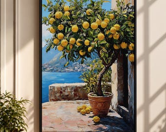 Lemon Tree Canvas Print, Mediterranean Coastal Oil Painting, Italian Seaside Landscape, Kitchen Wall Art