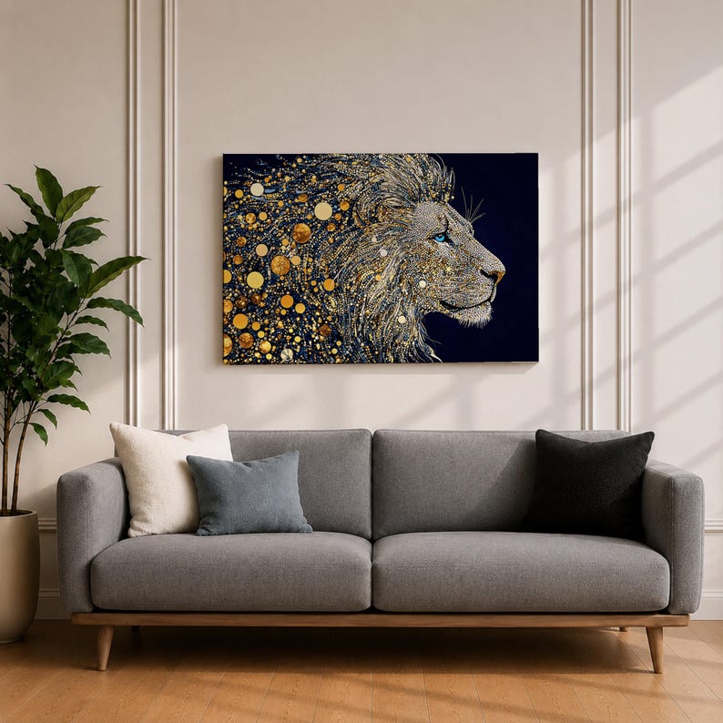 Lion Wall Art Big Cat Framed Canvas Wildlife Mosaic Majestic Safari Bedroom Decor