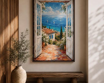Mediterranean Window Canvas, Ocean View Wall Art, Coastal Seaside Painting, European Home Decor