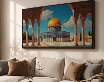 Dome of the Rock Wall Art, Panoramic Jerusalem Canvas Print, Islamic Architecture Decor, Muslim Home Wall Art