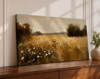 Meadow Landscape Panoramic Wall Art Countryside Field Extra Wide Framed Canvas Farmhouse Rustic Decor