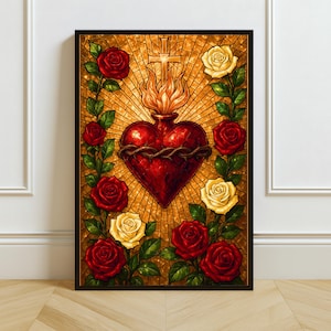 Sacred Heart Stained Glass Art Print: Catholic Floral Icon Decor (Digital / Print / Canvas / Framed)