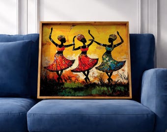 African Dance Wall Art: Vibrant Tribal Impasto Decor (digital