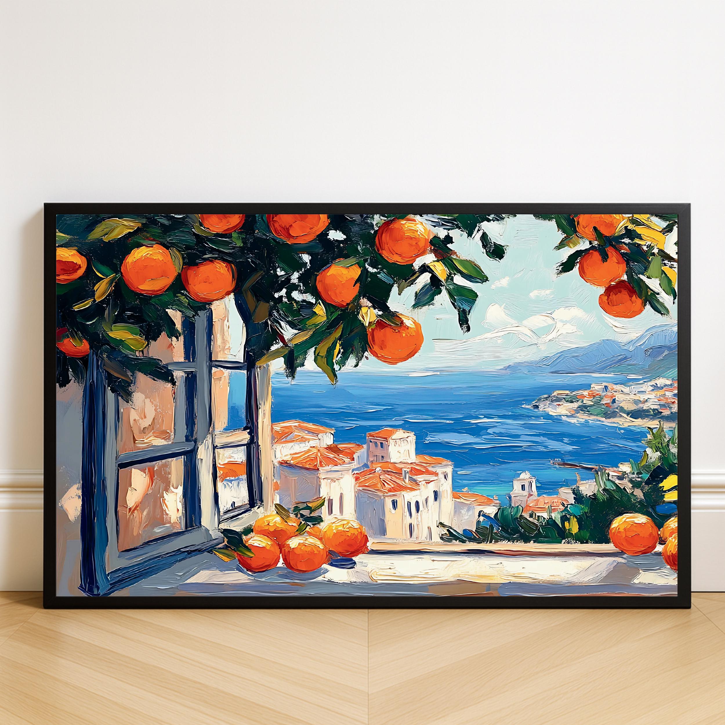 Mediterranean Window Art Print: Coastal Orange Tree View (digital
