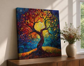 Tree of Life Wall Art Sacred Tree Framed Canvas Stained Glass Nature Home Decor
