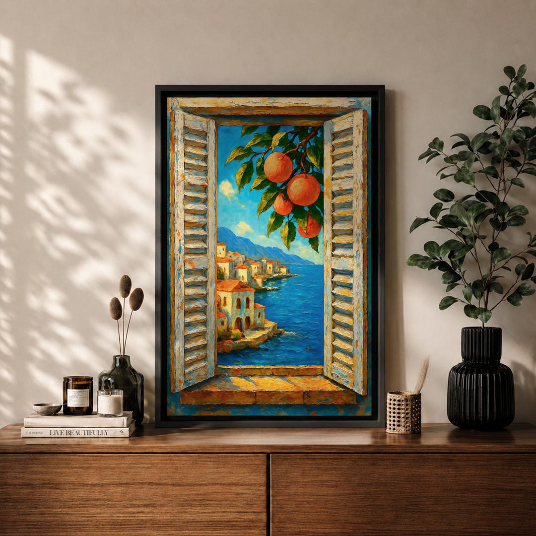 Mediterranean Orange Tree Window Wall Art Italian Coastal View