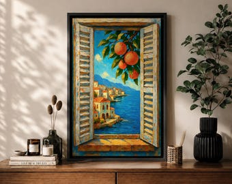 Mediterranean Orange Tree Window Wall Art Italian Coastal View Framed Canvas Seaside Bedroom Decor