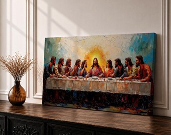 Panorama-Wandbild „Letztes Abendmahl“ mit Jesus und den Aposteln, extra breites gerahmtes Leinwandbild, christliche biblische Dekoration