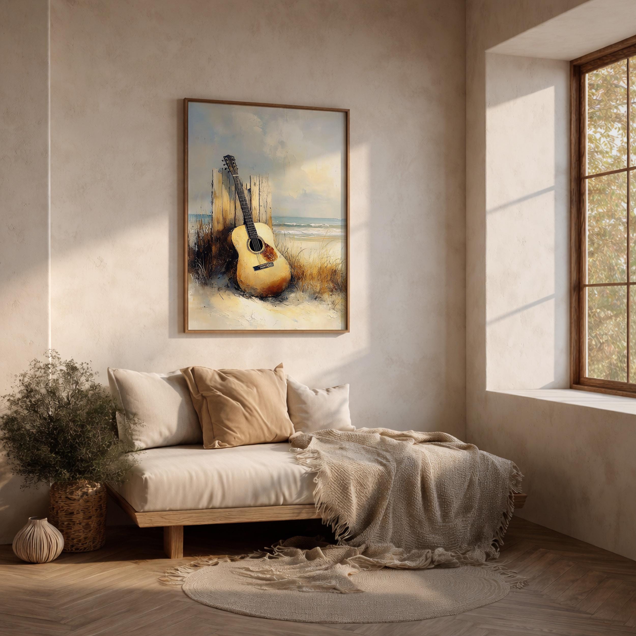 Acoustic Guitar Wall Art Beach Music Framed Canvas Textured
