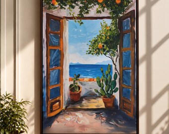 Mediterranean Window Wall Art Ocean View Framed Canvas Coastal Terrace Impasto Landscape Bedroom Decor