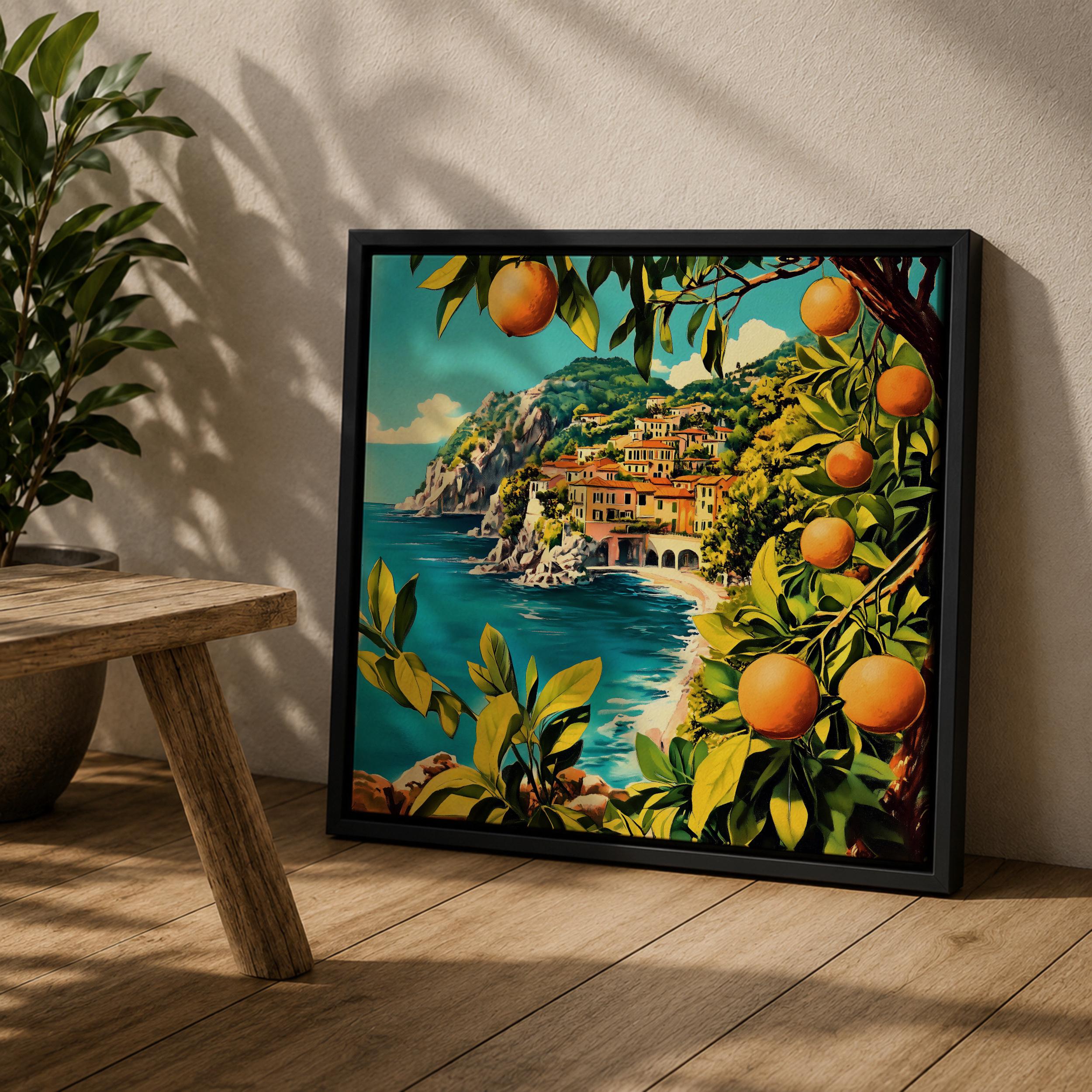 Mediterranean Orange Grove Wall Art Coastal Citrus Framed Canvas