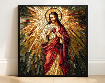 Sacred Heart of Jesus Square Mosaic Art Print | Christian Wall Decor | Religious Digital Download