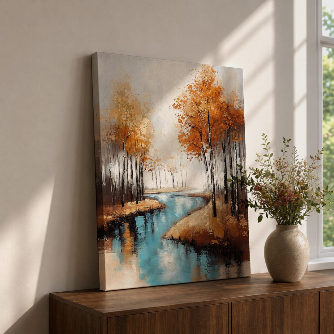 Autumn River Wall Art Fall Stream Framed Canvas Rustic Landscape ...