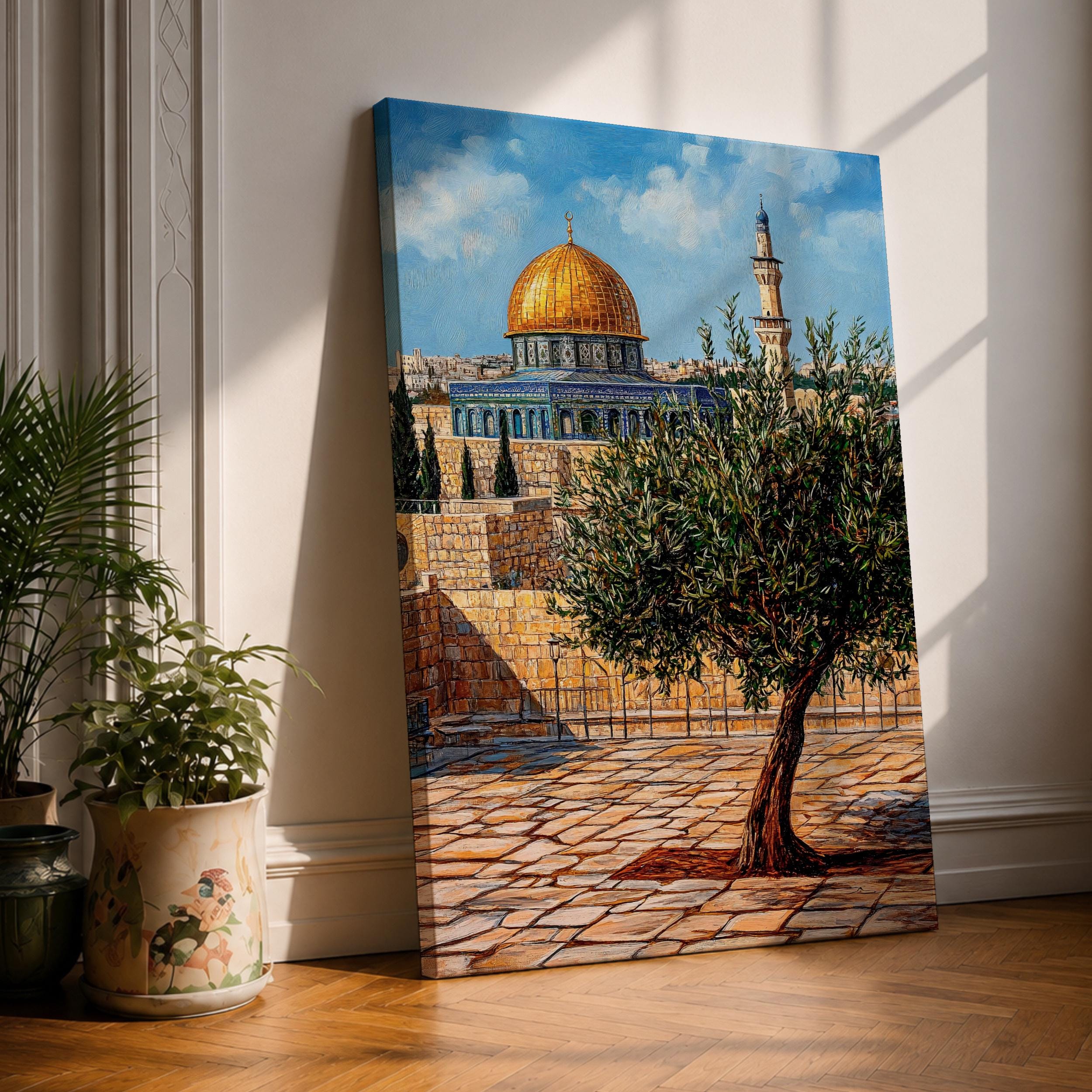 Masjid Al Aqsa Wall Art Olive Tree Framed Canvas Palestine Golden