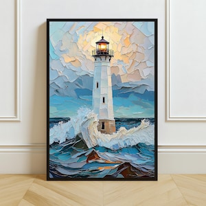Lighthouse Seascape Textured Print: Vibrant Coastal Nautical Decor (Digital Download)