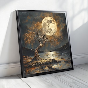 Kunstdruck im Mondlicht | Nachtlandschaft quadratisches Kunstwerk | Digitales Poster zum Selberdrucken