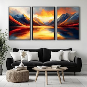 Mountain Sunset Triptych Wall Art Print Set of 3 | Vibrant Lake ...