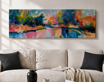 Long Horizontal Abstract Wall Art, Narrow Horizontal Wall Art, Colorful Landscape Painting, Modern Abstract Decor, Above Couch Art