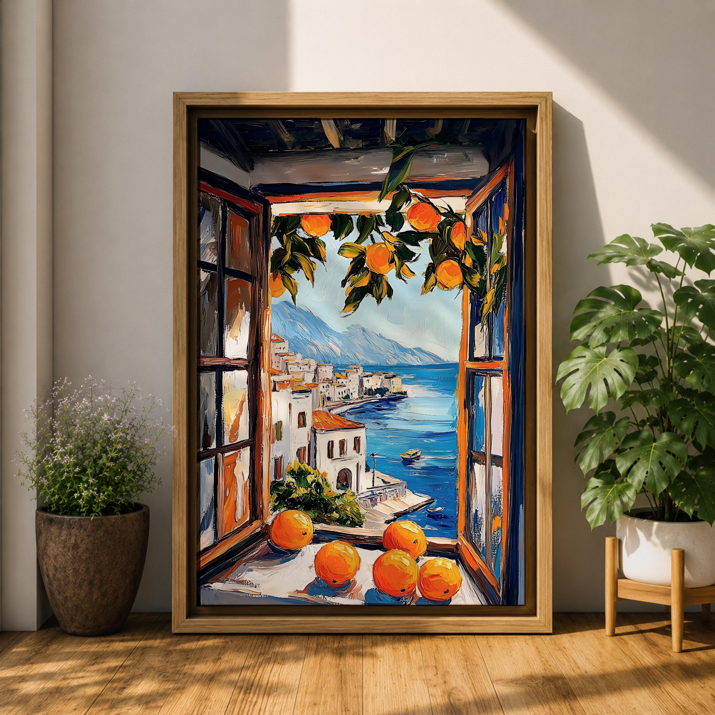 Mediterranean Orange Window Wall Art Coastal Sea View Framed