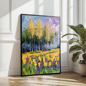 Wildblumenfeld Kunstdruck, bunte Landschaftsmalerei, Birkenbaum Natur Wanddekor, impressionistische Blumen Leinwand, lebendige Kunst zu Hause
