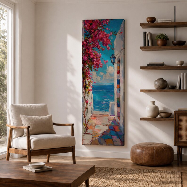 Santorini Long Narrow Vertical Wall Art Greek Island Village Gift Living Room Home Decor