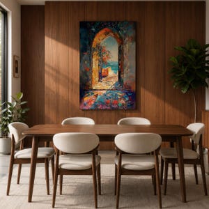 This impasto style painting depicts a Moroccan archway opening to a vibrant ocean view with bright sunlight illuminating textured stone walls and colorful mosaic floor tiles, capturing the essence of Moorish architectural design and coastal cultural scenery.