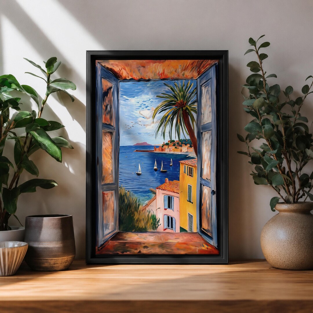 Coastal Window View Wall Art Mediterranean Ocean Scene Framed Canvas ...