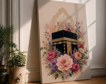 Kaaba Wall Art Floral Islamic Framed Canvas Masjid al Haram Muslim Decor
